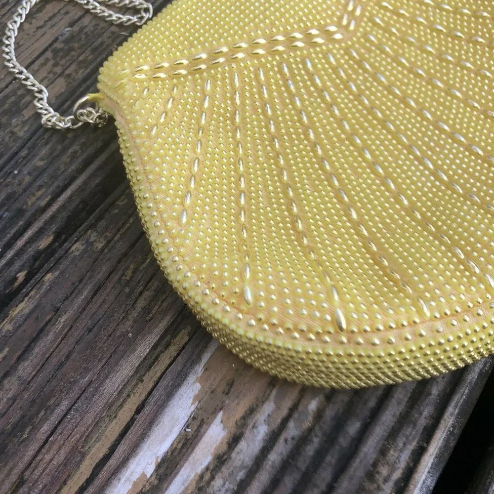 Yellow Gold Corde Art Deco Beaded Purse Evening Bag Vintage 50s 60s Hong Kong